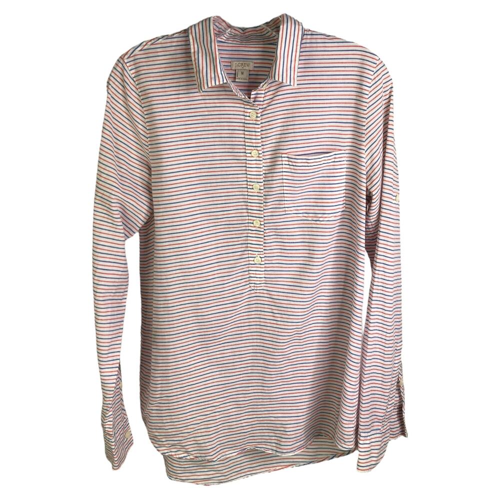 J.Crew Shirt Wmns Sz M Multicolor Striped Sheer  3/4 Button Down Coverup Summer‎